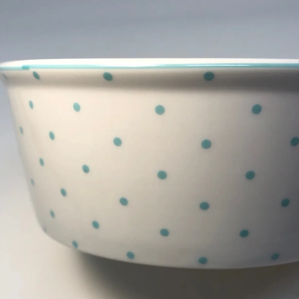 White and real Blue Polka Dot ceramic Pet Bowl teal paw print inside
